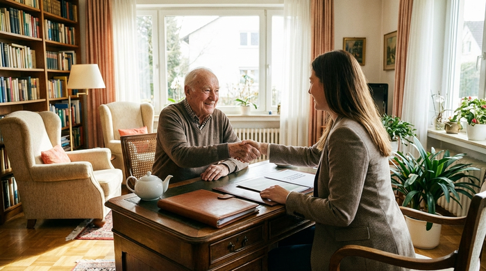 Ein älterer Herr und eine professionelle Beraterin schütteln sich lächelnd die Hände über einem aufgeräumten Schreibtisch in einem gemütlichen Wohnzimmer. Vertrauensvolle Atmosphäre, helles Tageslicht.