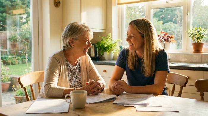 Eine entspannte Seniorin sitzt mit ihrer Tochter am Tisch, vor ihnen liegen verschiedene Papiere und eine Kaffeetasse. Beide wirken erleichtert und lächeln sich an. Helle, positive Stimmung.