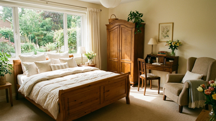 Ein freundlich eingerichtetes, helles Gästezimmer für eine Betreuungskraft mit einem bequemen Bett, einem Holzschrank, einem kleinen Schreibtisch und einem großen Fenster mit Blick ins Grüne. Gemütlich und sehr sauber.