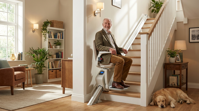 Ein gepflegter älterer Herr fährt entspannt mit einem modernen Treppenlift eine gut beleuchtete Holztreppe in einem Einfamilienhaus hinauf. Sichere und komfortable häusliche Umgebung.