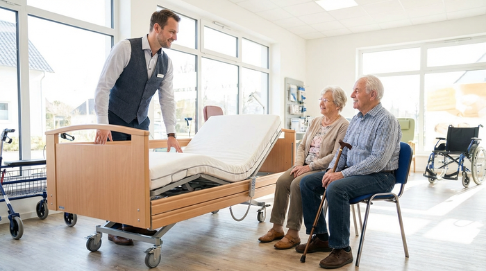 Ein freundlicher, professioneller Berater in einem Sanitätshaus zeigt einem älteren Ehepaar ein modernes Pflegebett. Helle Beleuchtung, saubere Umgebung, aufmerksame Gesichter.