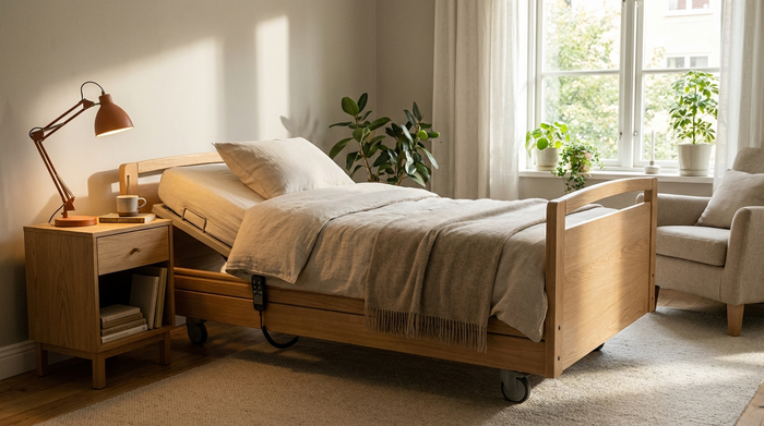 Ein modernes, elektrisch höhenverstellbares Pflegebett aus hellem Holz in einem gemütlichen, häuslichen Schlafzimmer. Das Bett ist ordentlich gemacht, ein Nachttisch mit einer Leselampe steht daneben, friedliche Stimmung.