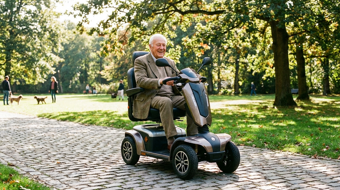 Ein rüstiger Senior fährt an einem sonnigen Tag mit einem modernen, vierrädrigen Elektromobil über einen gepflasterten Weg in einer grünen Parkanlage. Er trägt eine Jacke und lächelt zufrieden.