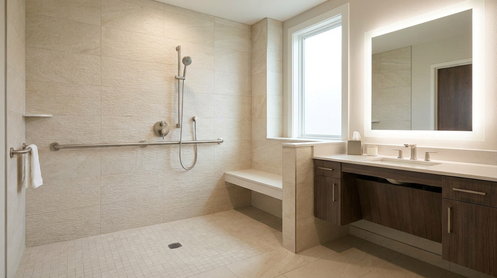 Ein elegantes, barrierefreies Badezimmer mit einer großzügigen, ebenerdigen Dusche. Helle Fliesen, ein sicherer Haltegriff an der Wand und ein rutschfester Boden sorgen für Sicherheit und modernen Komfort.