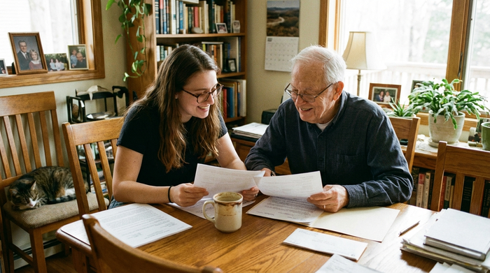 Eine junge Frau und ihr älterer Vater sitzen gemeinsam am Esstisch und schauen sich konzentriert Dokumente an. Eine Tasse Kaffee steht auf dem Tisch, vertrauensvolle familiäre Atmosphäre.