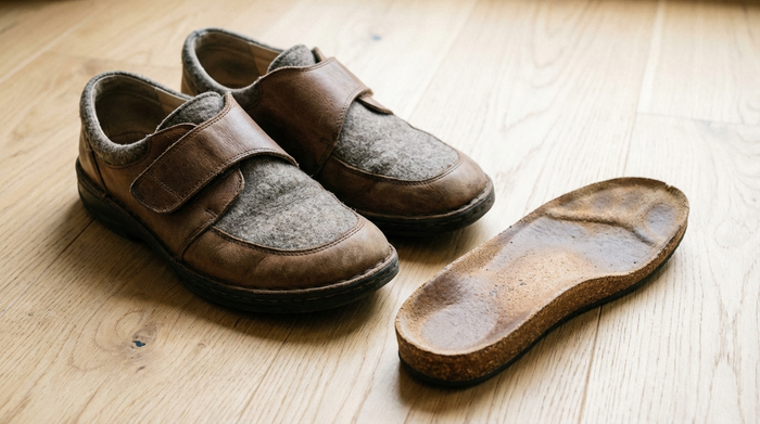 Eine Nahaufnahme von bequemen, hochwertigen Senioren-Alltagsschuhen auf einem hellen Holzboden. Neben den Schuhen liegt eine maßgefertigte, weich gepolsterte orthopädische Einlage aus Kork und Leder.