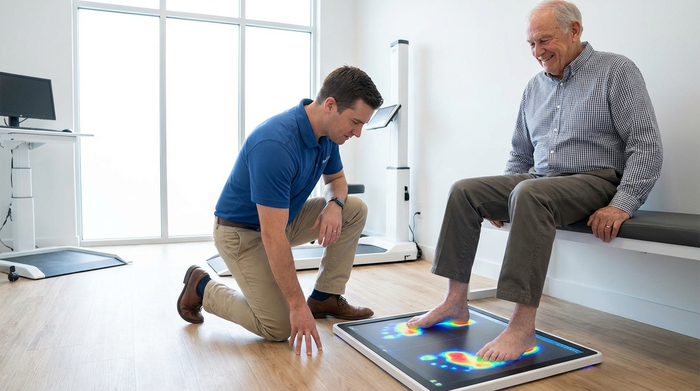 Ein moderner, heller Raum in einem Sanitätshaus. Ein Orthopädietechniker in sauberer Arbeitskleidung kniet neben einem älteren Herrn und betrachtet aufmerksam dessen Fußstellung auf einer leuchtenden digitalen Messplatte.