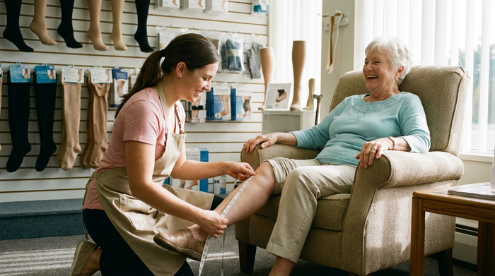 Eine freundliche Fachverkäuferin misst am frühen Morgen mit einem Maßband behutsam den Wadenumfang einer lächelnden Seniorin, die entspannt auf einem bequemen Stuhl sitzt.