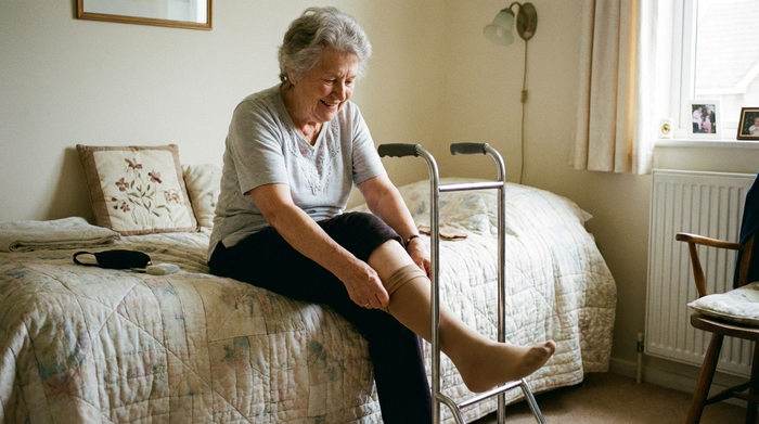 Eine ältere Dame sitzt auf ihrer Bettkante und nutzt ein stabiles Metallgestell als Anziehhilfe, um ihren beigen Kompressionsstrumpf mühelos und ohne tiefes Bücken über den Fuß zu ziehen.