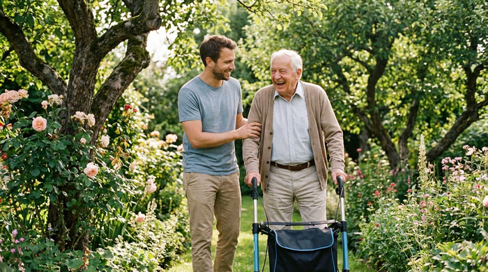 Ein liebevoller Pfleger unterstützt einen älteren Mann beim Spaziergang im Garten. Beide lachen gemeinsam. Der Senior stützt sich leicht auf einen modernen Rollator.