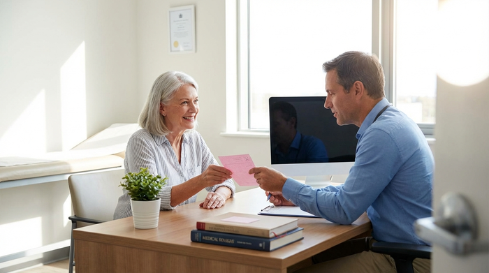 Ein engagierter Arzt in einem hellen Behandlungszimmer überreicht einer lächelnden älteren Patientin ein rosafarbenes Rezeptdokument. Beide sitzen an einem aufgeräumten Schreibtisch mit einer kleinen Pflanze.