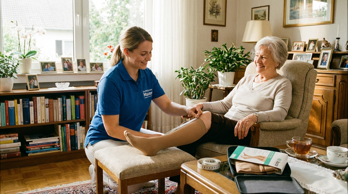 Eine freundliche Mitarbeiterin eines Sanitätshauses misst im gemütlichen, lichtdurchfluteten Wohnzimmer einer Seniorin behutsam das Bein für Kompressionsstrümpfe ab.