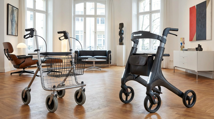 Zwei unterschiedliche Rollatoren stehen nebeneinander in einem eleganten Ausstellungsraum: Ein schlichtes, robustes Standardmodell aus Metall und ein modernes, sehr schlankes Carbon-Modell in dunklem Grau.