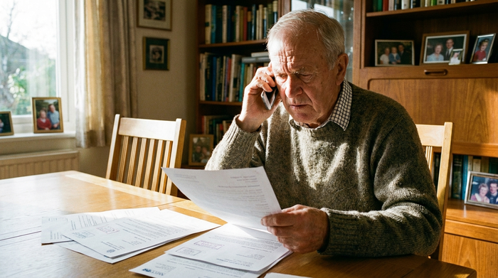 Ein entschlossen wirkender Senior sitzt an seinem Esstisch, telefoniert mit einem Smartphone und betrachtet dabei konzentriert einige offizielle Dokumente, die vor ihm liegen.