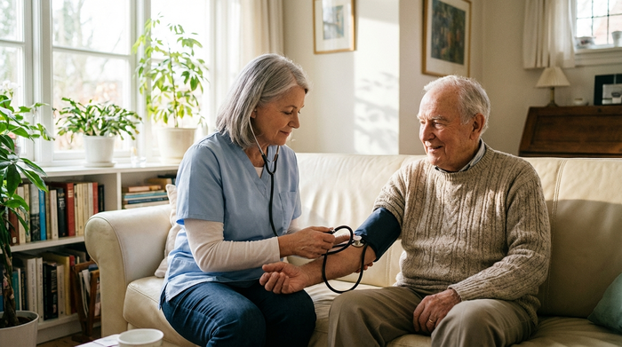 Eine erfahrene Pflegekraft misst behutsam den Blutdruck eines älteren Herrn, der bequem auf einem hellen Sofa im Wohnzimmer sitzt. Sanftes Tageslicht fällt durch das große Fenster.