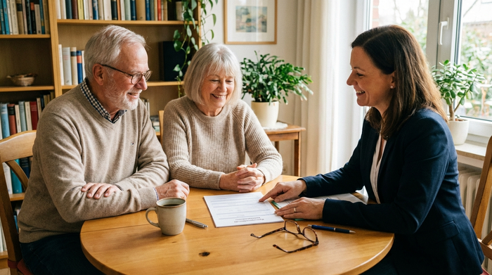 Ein älteres Ehepaar sitzt mit einer Beraterin an einem runden Holztisch. Sie lächeln erleichtert, während die Beraterin auf ein Formular deutet. Eine Kaffeetasse steht daneben.