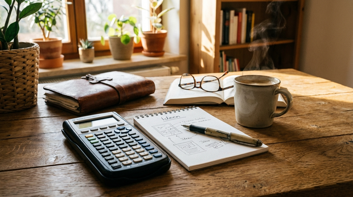 Ein Taschenrechner, ein Notizblock und ein Stift liegen auf einem Holztisch, daneben eine Tasse Kaffee und eine Lesebrille. Eine warme und aufgeräumte Atmosphäre.