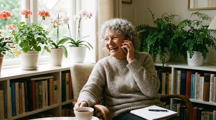 Eine ältere Frau mit grauen Haaren telefoniert entspannt mit einem Smartphone am Fenster ihres Wohnzimmers. Sie wirkt glücklich und gut organisiert, im Hintergrund blühen Zimmerpflanzen.