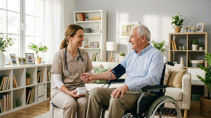 Eine erfahrene Pflegekraft misst den Blutdruck eines älteren Herrn im Rollstuhl in einem aufgeräumten, hellen Wohnzimmer. Beide lächeln sich freundlich an. Fokus auf Fürsorge und medizinische Kompetenz, weiches Tageslicht.