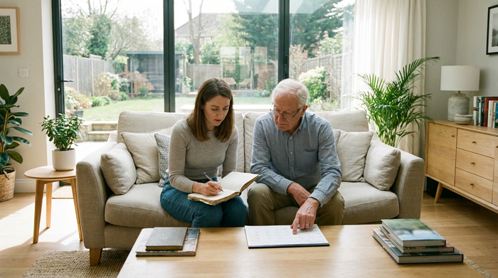 Eine erwachsene Tochter sitzt mit ihrem älteren Vater auf einem bequemen Sofa und macht sich Notizen in einem Notizbuch. Sie besprechen ruhig und konzentriert den Tagesablauf. Helles, modernes Wohnumfeld mit großen Fenstern.