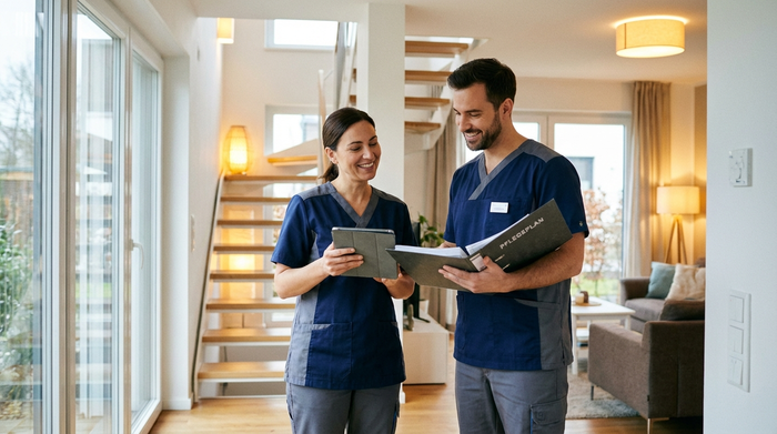 Zwei Pflegekräfte in moderner, sauberer Arbeitskleidung stehen in einem hellen Hausflur und besprechen freundlich den Pflegeplan. Vertrauensvolles, professionelles Auftreten, warme Beleuchtung im Hintergrund.