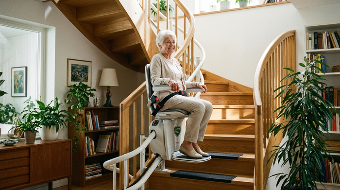 Eine ältere Frau bedient lächelnd einen modernen, sicheren Treppenlift in einem gepflegten Einfamilienhaus. Sie fährt entspannt die Holztreppe hinauf. Helle Beleuchtung, Fokus auf Sicherheit und Barrierefreiheit im Alter.