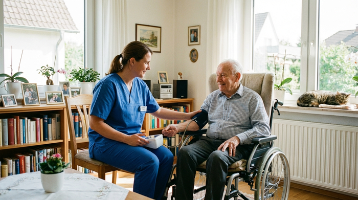 Eine professionelle Pflegekraft misst sanft den Blutdruck eines älteren Herrn im Rollstuhl in einem hellen, aufgeräumten Wohnzimmer.