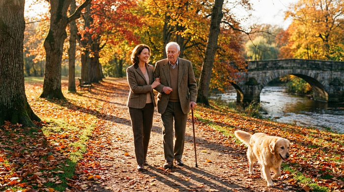 Eine Betreuerin und ein Senior spazieren im sonnigen Herbstlicht durch einen malerischen Park, die Betreuerin stützt den Senior liebevoll am Arm.