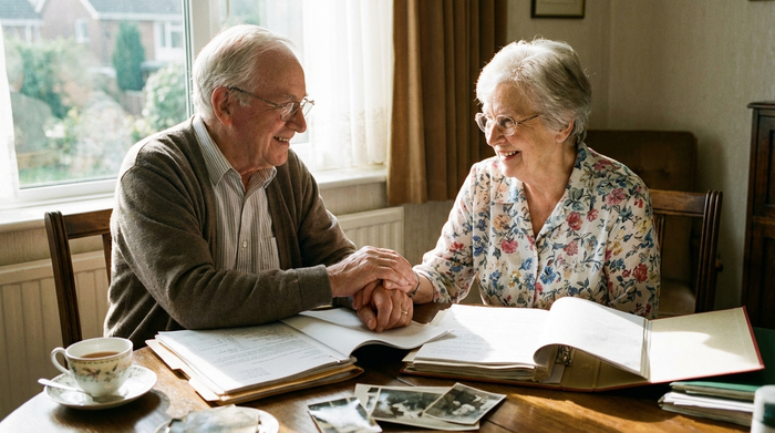 Ein älteres Ehepaar sitzt gemeinsam am Schreibtisch vor einigen Dokumenten, sie wirken erleichtert, entspannt und lächeln sich glücklich zu.