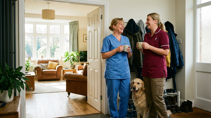 Zwei Pflegekräfte in unterschiedlicher Arbeitskleidung besprechen sich freundlich im Flur eines Einfamilienhauses, im Hintergrund sieht man eine offene Tür zu einem hellen Wohnbereich.