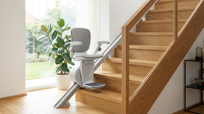 Ein moderner, heller Treppenlift ist an einer gepflegten Holztreppe in einem Einfamilienhaus montiert, sanftes Tageslicht fällt durch ein großes Fenster im Treppenhaus.