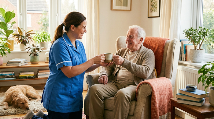 Eine freundliche Pflegekraft reicht einem lächelnden Senior in einem hellen, gemütlichen Zimmer eine Tasse Tee.