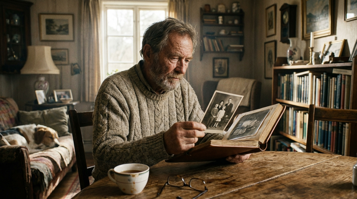 Ein nachdenklicher älterer Herr sitzt an einem Holztisch in seinem Wohnzimmer und betrachtet alte Familienfotos in einem Album.