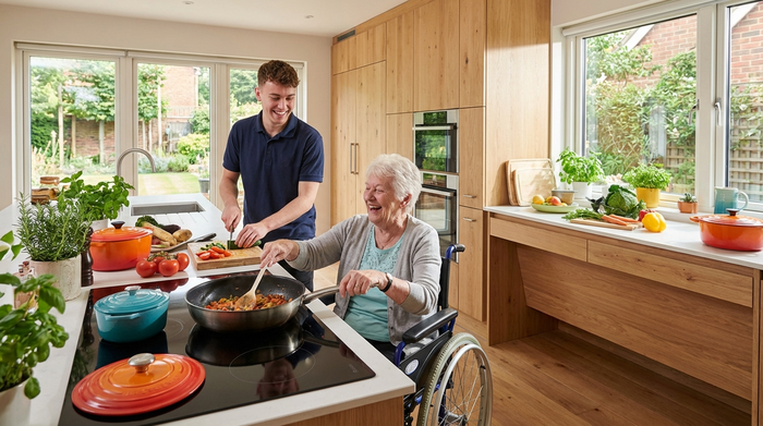 Eine junge Betreuerin kocht gemeinsam mit einer älteren Dame in einer modernen, barrierefreien Küche frisches Gemüse.