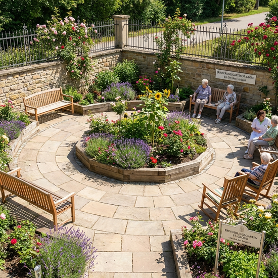Ein friedlicher, umzäunter Demenzgarten mit breiten, gepflasterten Rundwegen, Hochbeeten voller bunter Blumen und gemütlichen Sitzbänken im Sonnenlicht.
