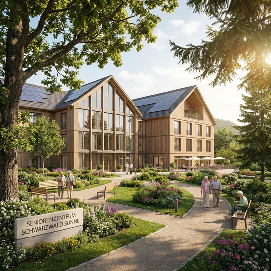 Ein modernes, freundliches Seniorenzentrum von außen an einem sonnigen Tag, umgeben von gepflegten Grünanlagen und alten Bäumen im Schwarzwald-Stil.