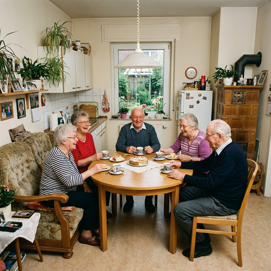 Eine kleine, gemütliche Wohnküche in einer Pflegeeinrichtung, in der eine kleine Gruppe älterer Menschen gemeinsam am Esstisch sitzt und Kaffee trinkt.