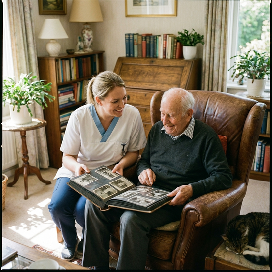 Eine Pflegekraft betrachtet gemeinsam mit einem älteren Herrn ein altes Schwarz-Weiß-Fotoalbum. Beide lächeln entspannt in einem gemütlichen Sessel.