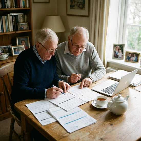 Ein älteres Ehepaar sitzt am heimischen Esstisch und bespricht konzentriert Dokumente und Formulare, eine Tasse Tee steht daneben.