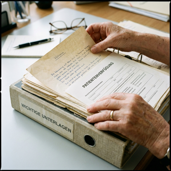 Eine Nahaufnahme von Händen, die sorgfältig wichtige Papiere und eine Patientenverfügung in einem Ordner abheften.