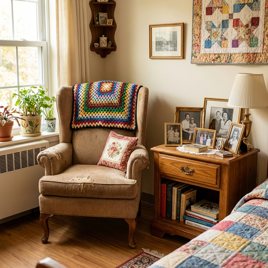Ein freundliches, individuell eingerichtetes Pflegeheimzimmer mit einem vertrauten Ohrensessel, einer gehäkelten Tagesdecke und gerahmten Familienfotos auf dem Nachttisch.