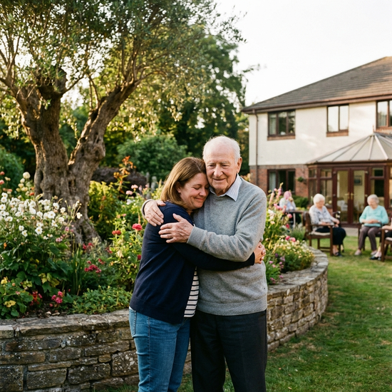 Eine Tochter umarmt ihren demenzkranken Vater liebevoll im Garten einer Pflegeeinrichtung, beide wirken erleichtert und geborgen.