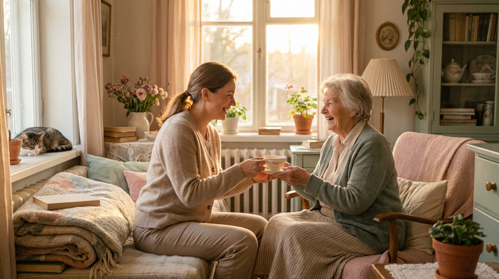 Eine liebevolle Pflegekraft reicht einer älteren Dame in einem gemütlichen, lichtdurchfluteten Zimmer eine Tasse Tee. Sanfte Farben, entspannte und geborgene Stimmung.