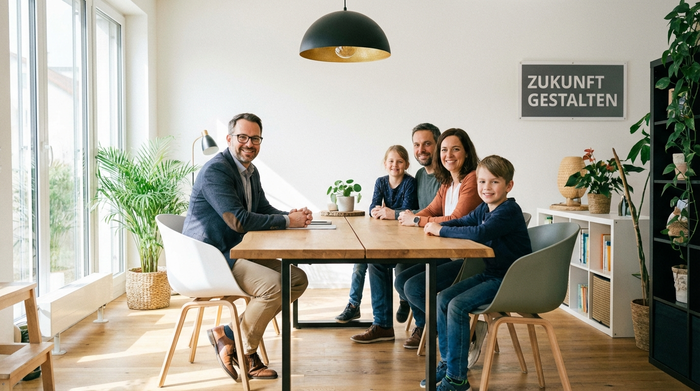 Eine moderne Beratungsstelle. Ein kompetenter Berater sitzt mit einer Familie an einem Holztisch, alle lächeln zuversichtlich. Helle, einladende und professionelle Umgebung.