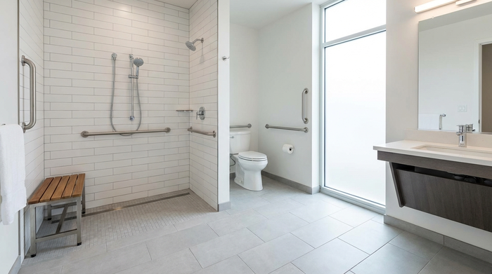 Ein modern umgebautes, barrierefreies Badezimmer mit einer bodengleichen Dusche und stabilen Haltegriffen. Sauber, hell, rutschfeste Fliesen, elegantes und absolut sicheres Design.