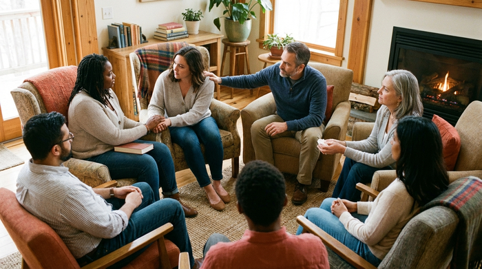 Eine Gruppe von Erwachsenen sitzt in einem gemütlichen Stuhlkreis zusammen und tauscht sich aus. Empathische Gesichter, unterstützende Gesten, warme und vertrauensvolle Atmosphäre.