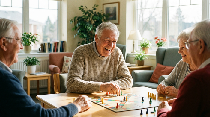 Ein freundlicher, älterer Herr mit grauem Haar lacht herzlich, während er in einem hellen Raum mit anderen Senioren ein Brettspiel spielt. Eine entspannte, fröhliche Gemeinschaftsszene ohne Text, fotorealistisch.