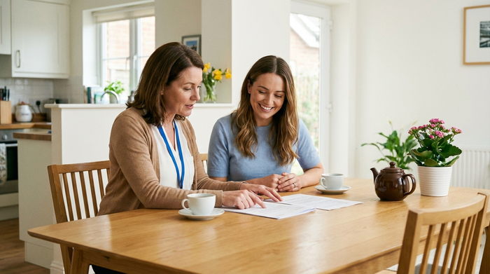 Eine professionelle Pflegeberaterin sitzt mit einer lächelnden Tochter am Esstisch und bespricht entspannt Unterlagen. Helle, aufgeräumte häusliche Umgebung, Tassen mit Kaffee auf dem Tisch. Positive und erleichterte Stimmung, fotorealistisch.