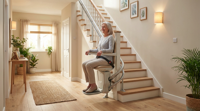 Ein moderner, sicherer Treppenlift in einem hellen, aufgeräumten Flur eines Einfamilienhauses. Eine zufriedene ältere Frau fährt entspannt die Holztreppe hinauf. Gepflegtes Interieur, warme Beleuchtung, fotorealistisch.