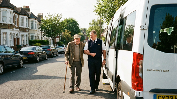 Ein fürsorglicher Fahrer reicht einem älteren Herrn mit Gehstock stützend den Arm, während sie gemeinsam langsam auf die offene Tür eines weißen Kleinbusses zugehen. Friedliche, sonnige Vorstadtstraße, realistische Fotografie.